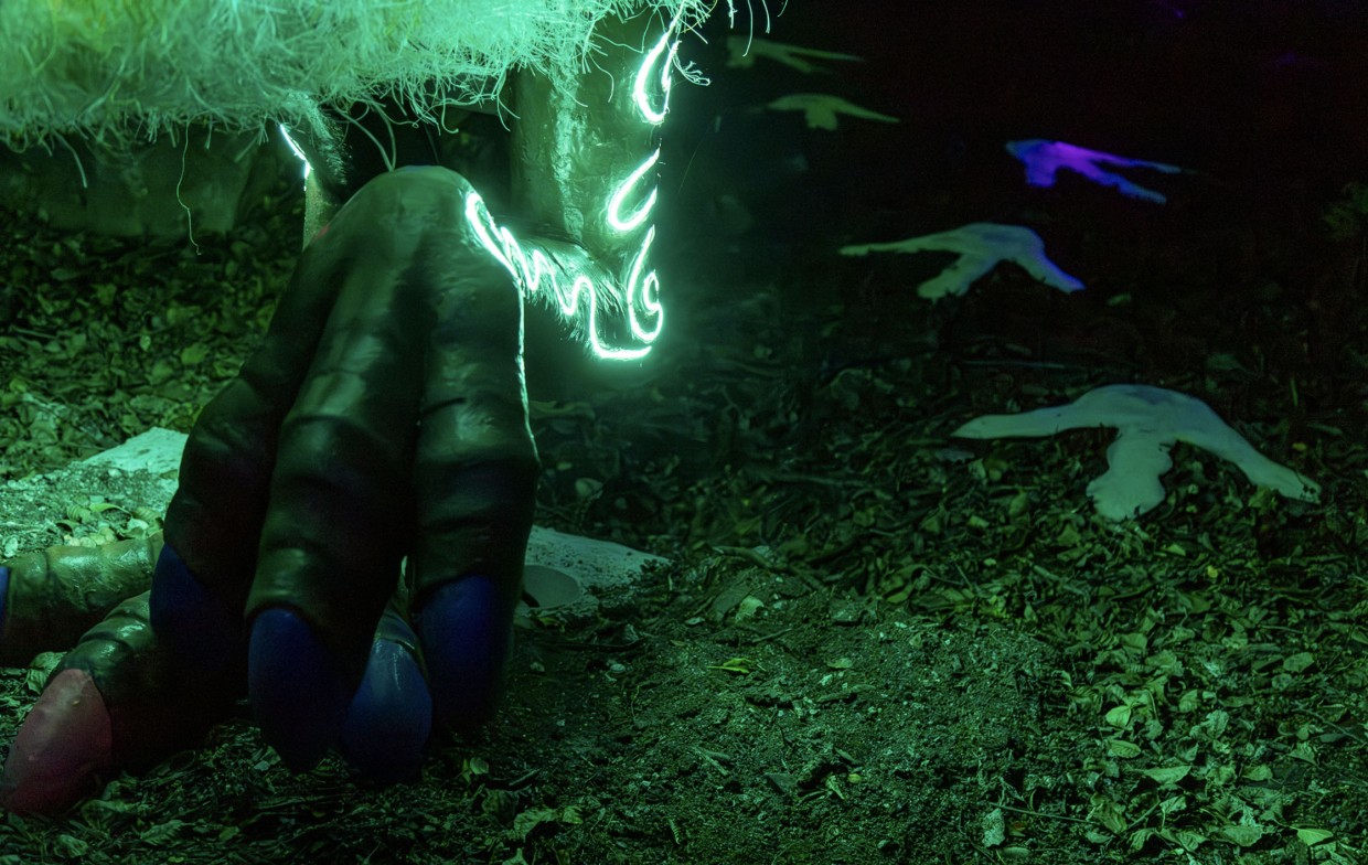 Illuminated moa claw and glowing footprints creating a trail on the forest floor